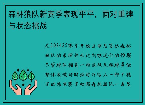 森林狼队新赛季表现平平，面对重建与状态挑战